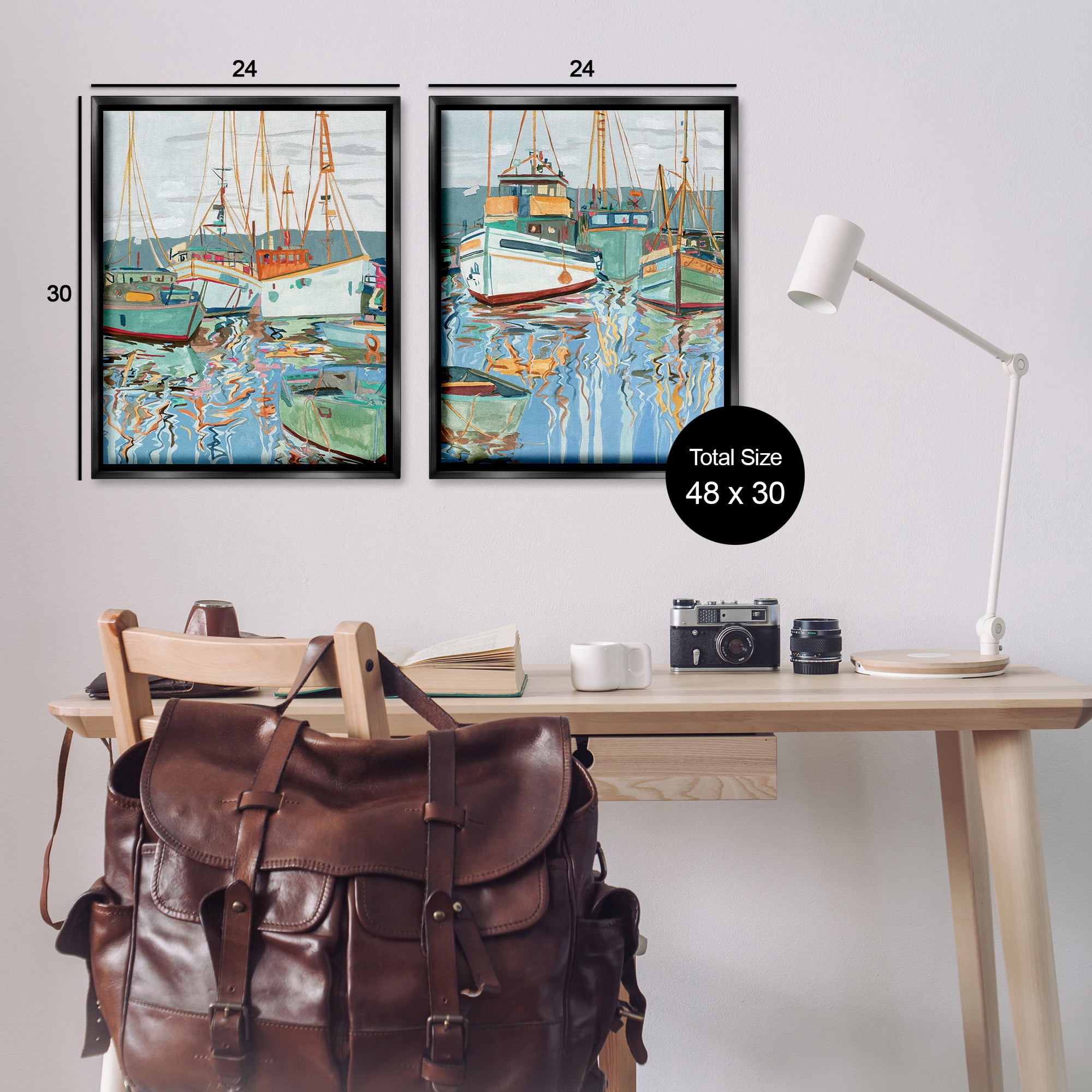 Stupell Industries Marina Ships Reflection Transportation Painting Black Floater Framed Canvas Art Print Wall Art, 25 x 31, Set of 2