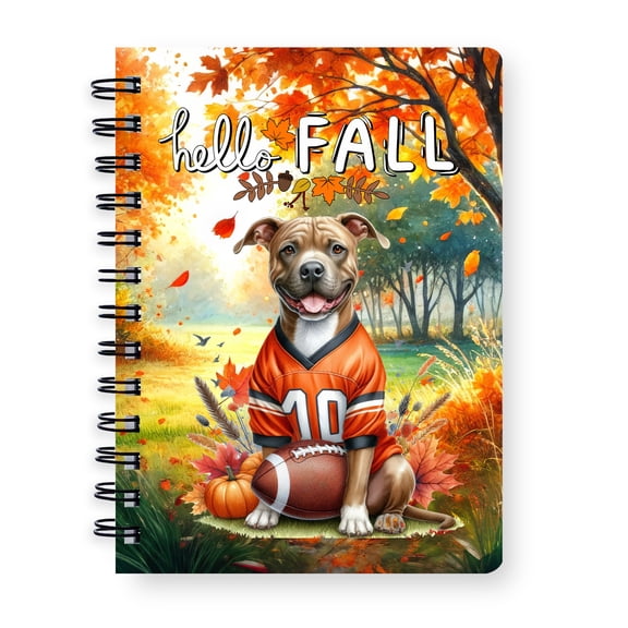 Hello Fall Pitbull Football Welcome Autumn with Leaves Pumpkins Spiral Bound Journal Terrier Dog Lover 5x7in Spiral Notebook - 00012