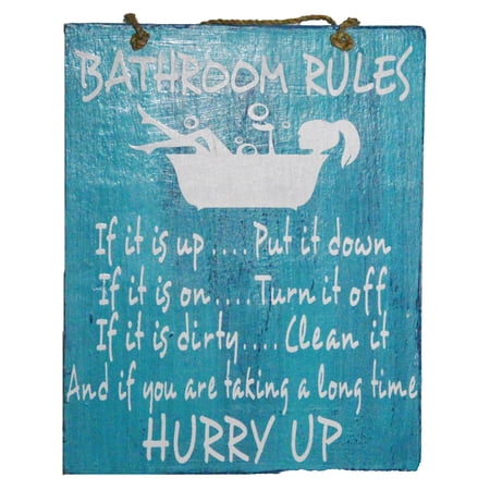 Handmade Wood "BATHROOM RULES" Funny Sign Plaque Wall Art Decor Potty Bath Tub Toilet Seat Clean Hurry…