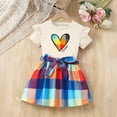 thumbnail image 5 of SGFCWSX Girls 2 Piece Outfits Ruffle Short Sleeve Heart Print Tops Belted Plaid Skirt Summer Casual Clothes Set Beige Size 4T, 5 of 8