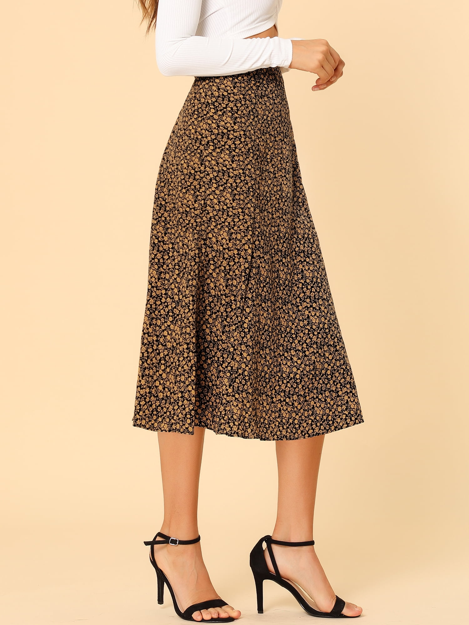 DARING DIVA Women's Elastic Waist A-Line Floral Print Midi Skirt M Black Yellow