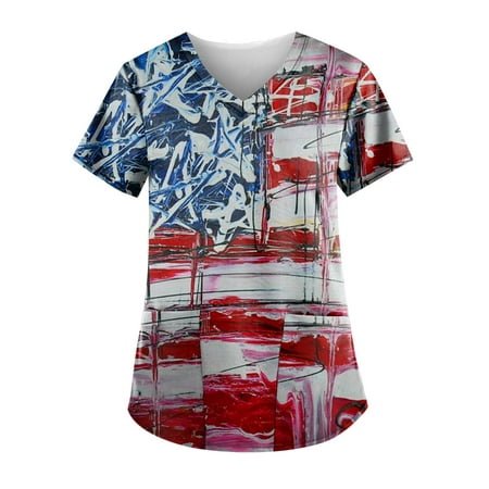 

Sksloeg Scrub Tops for Women American Star Stripes Pattern Patriotic T Shirts Short Sleeve V-Neck Workwear Nurse Uniform Tee with Pockets Dark Blue XXXL