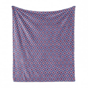 Retro Soft Flannel Fleece Blanket, Continuous Digitally Generated Pattern of Flowers and Stars Nostalgic Petals, Cozy Plush for Indoor and Outdoor Use, 70" x 90", Indigo Cora White, by Ambesonne