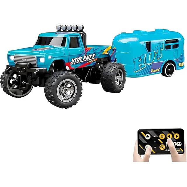 Mini RC Monster Truck, 1/64 Scale Rc Monster Truck, Rc Semi Trucks with Trailer & Remote Control, 3-Speed Speed/Steering Adjustable & Rechargeable