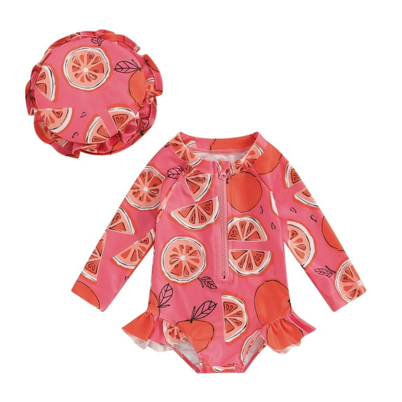 Bagilaanoe Toddler Baby Girl One-Piece Swimsuit Floral Print Long Sleeve Zipper Rashguard Swimwear Swimming Cap 6M 9M 12M 18M 24M 3T Kids Ruffle Bathing Suit