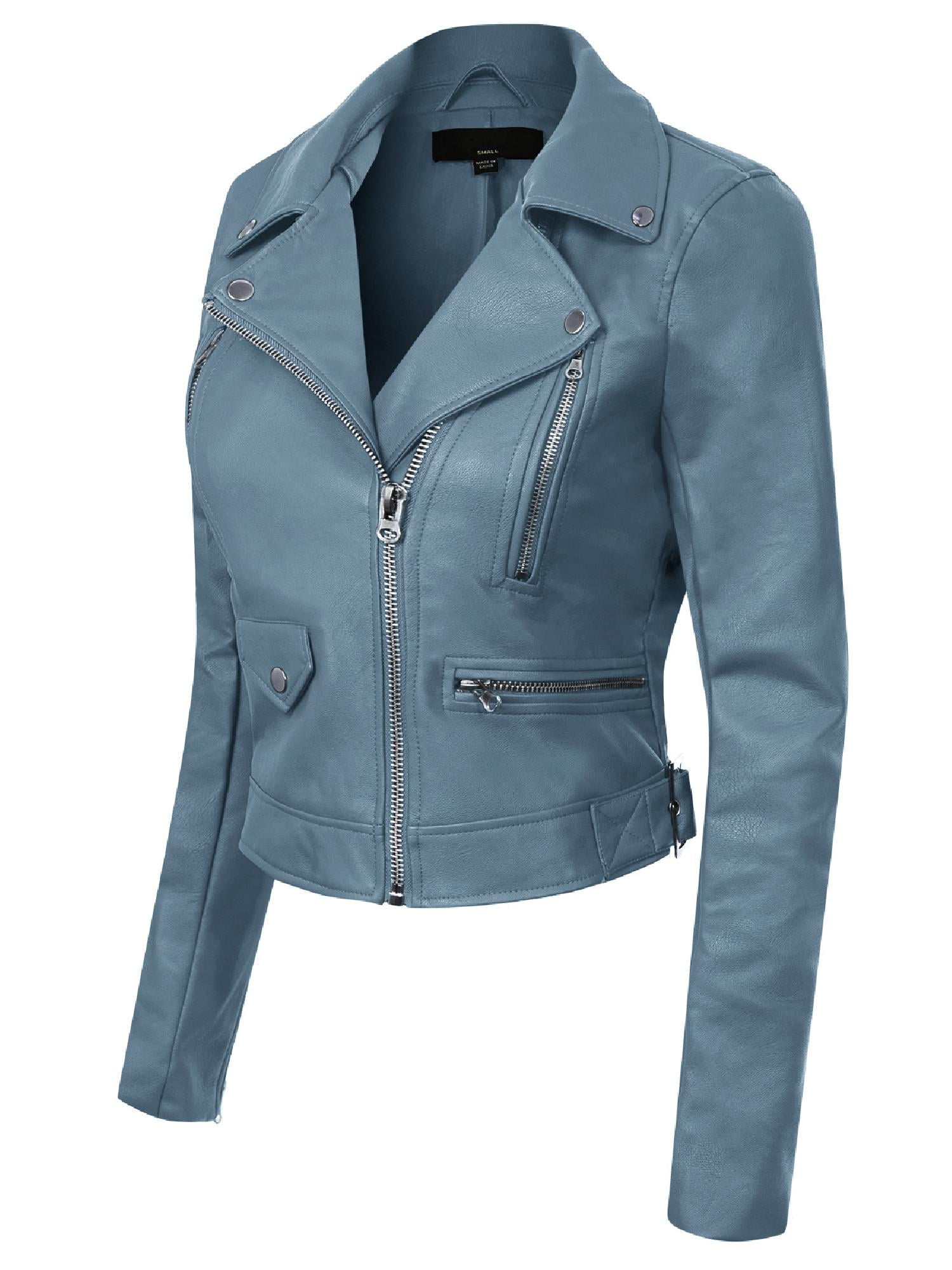 MixMatchy Women's Faux Leather Long Sleeve Zipper Closure Moto Biker Short Coat Jacket