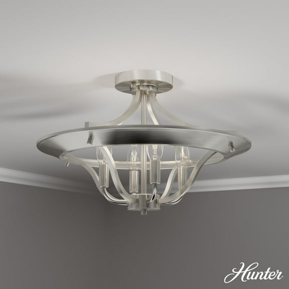 Hunter - Perch Point 4-light Brushed Nickel, Extra Large Flush Mount Light, Dimmable, Casual Style, Empire Shaped, for Bedrooms, Dining, Living Rooms - 19423