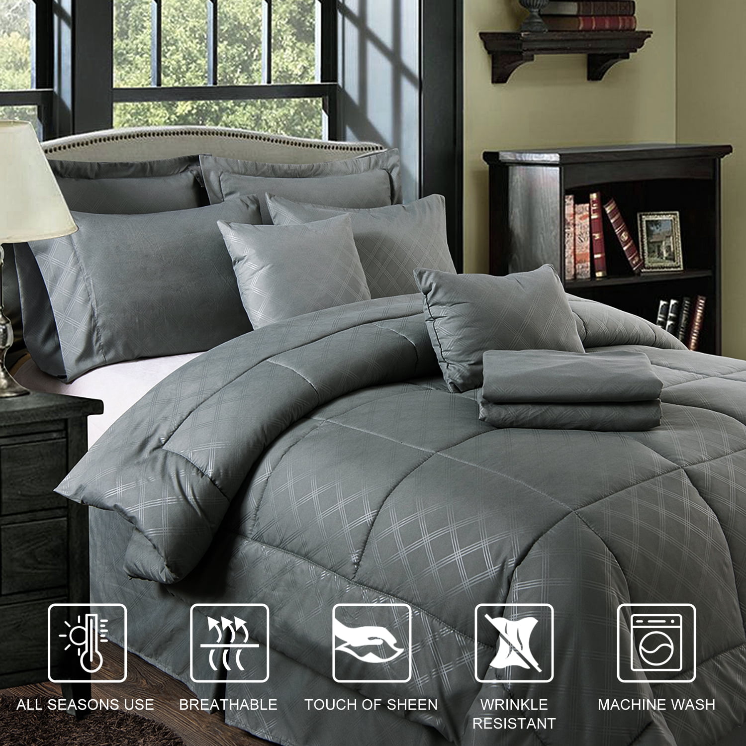 JML Gray Queen Comforter Set - 10 Pieces Bedding Set Bed in a Bag with Comforters, Sheets, Bed Skirt, Decorative Pillows, Pillowcases & Shams