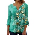 thumbnail image 2 of Womens Tops Ladies Top Floral Print V-Neck Short Sleeve Button T-Shirt Blue L, 2 of 5