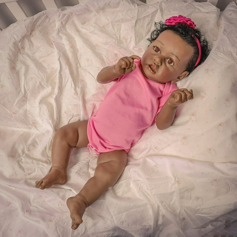 22 Inch Full Body Silicone Reborn Baby Dolls Newborn Realistic Handmade  Reborn Dolls with Black Skin & Pink Clothes Children Gift Accompany for