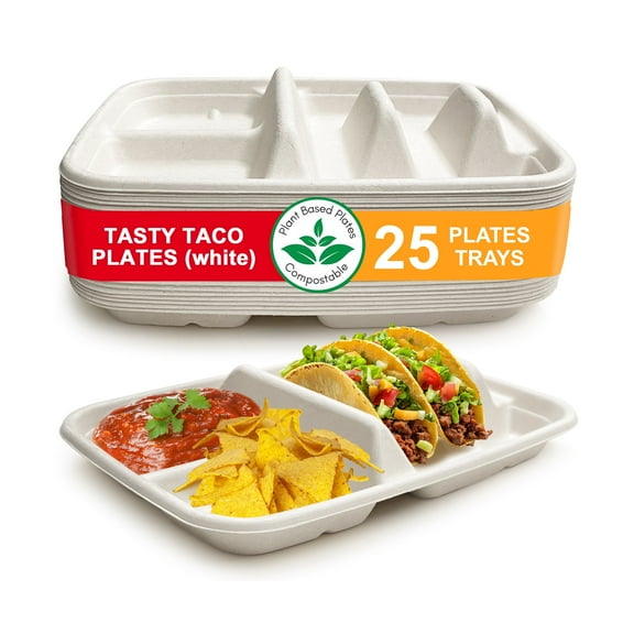 White, Disposable Taco Plates for 2 Tacos & 2 Sides – 25 PACK | Premium Paper Plates with Dividers, Fiesta Taco Holder, Taco Stand for Taco Tuesday & Taco Bar Serving Set Taco Plates (25 pcs, White)