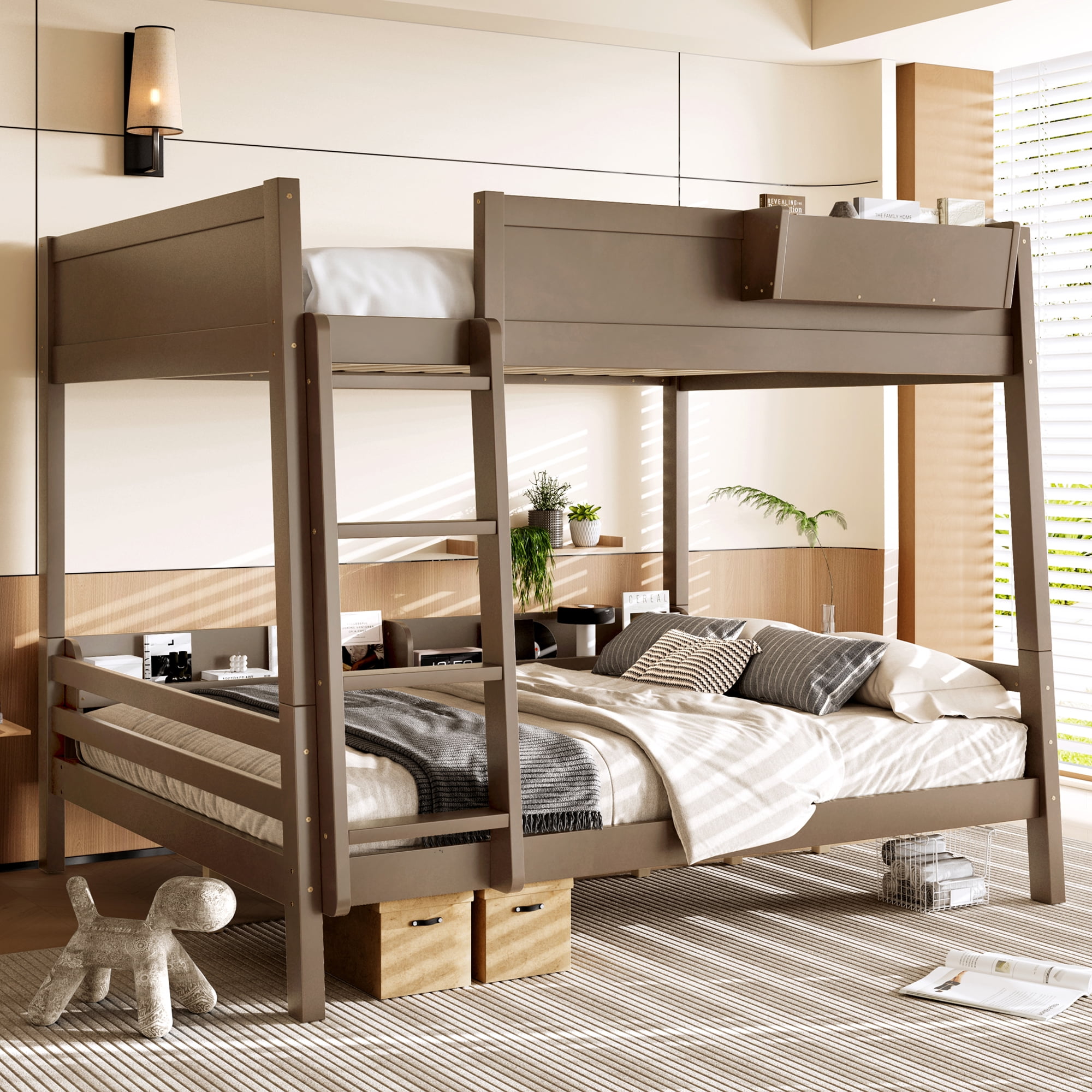 Mintazer Queen Over Queen Detachable Bunk Bed with Storage Shelf and Bookshelf, Modern Convertible Bunk Bed with Ladder and Guardrails for Bedroom Guest Room, Vintage Brown