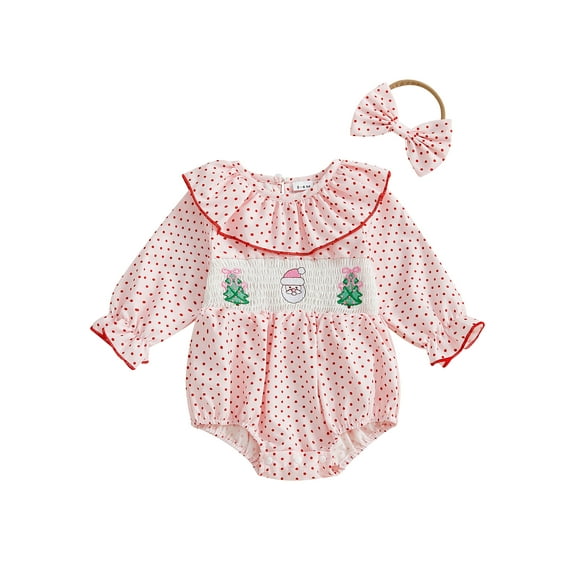 Rovasas Baby Girls Romper Christmas Embroidery Dot Print Jumpsuit and Headband