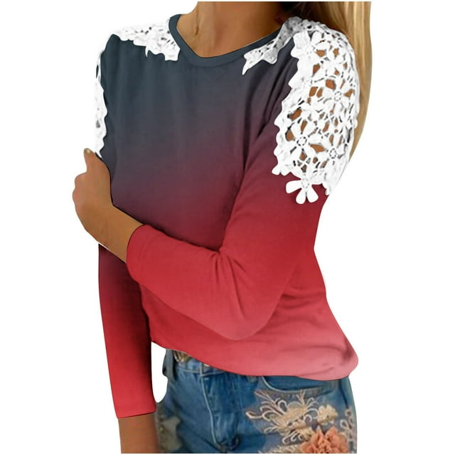 CEHVOM Blouse d'Été Décontractée à Manches Longues pour Femmes Col Rond Imprimé Dentelle T-Shirt Liquidation