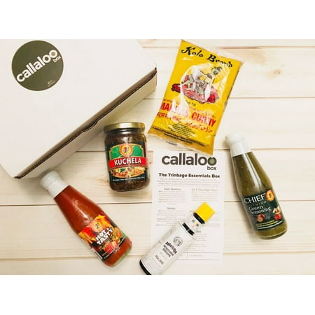 The Trinbago Essentials Box by Callaloo Box: Kala Brand Curry, Kuchela, Green Seasoning, Hot & Tasty Pepper Sauce, Angostura Aromatic Bitters