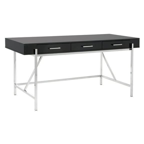 Broadway Black Gloss 64" Desk Engineered Wood  with 3 Drawers and Chrome Frame