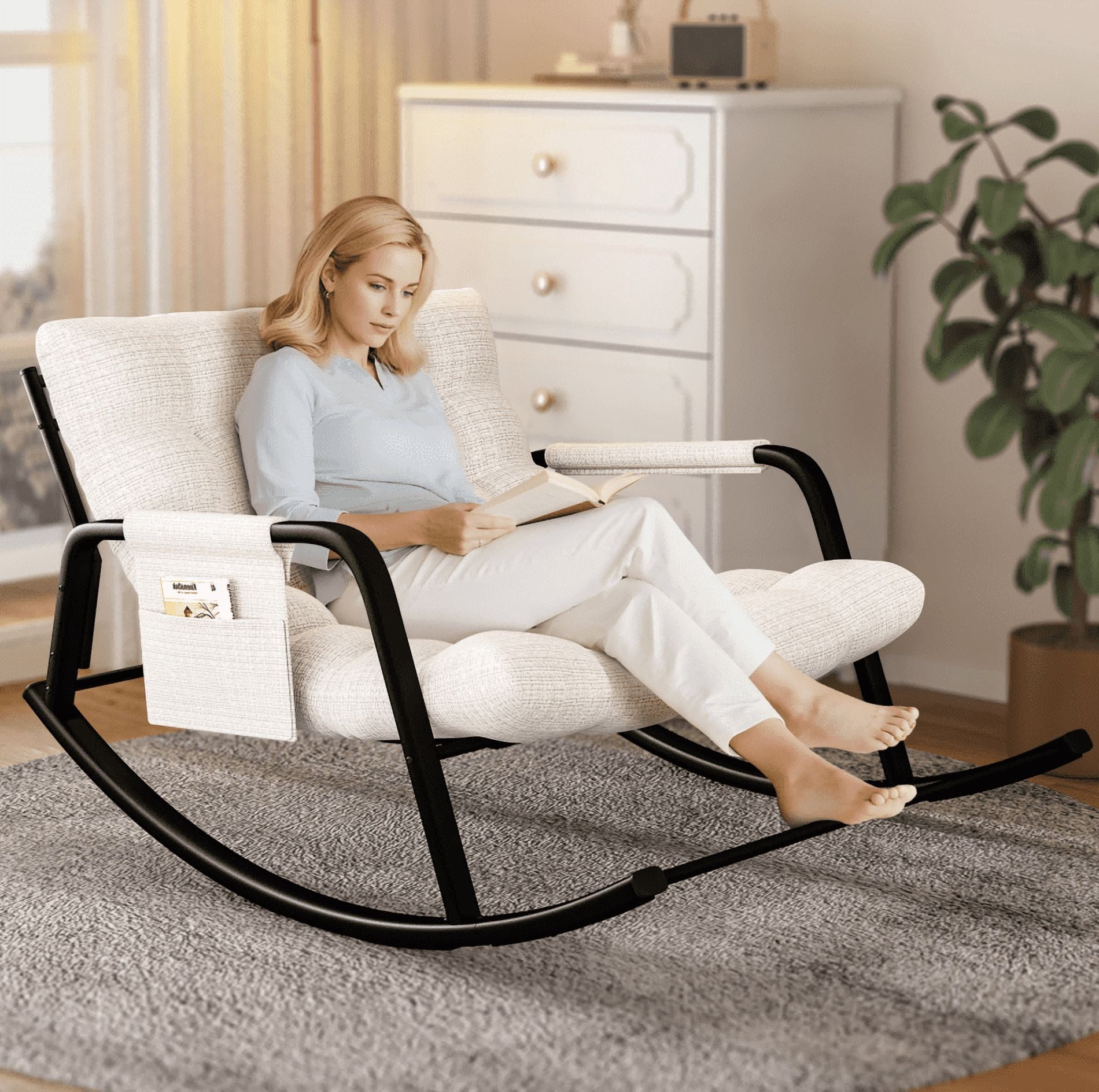 HomeZeer Indoor Rocking Chair with Cushion, Modern Grand Papasan Rocker Chairs, Oversize Papasan Recliner Chair for Living Room, Bedroom, Study Room, Beige