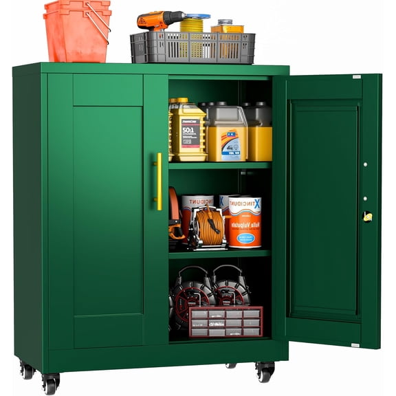 Rolling Metal Tool Storage Cabinet with Doors and Adjustable Shelves, Small Locking Garage Storage Cabinet, Green Steel Tool Cabinets with Wheels for Garage, Basement, Office, Utility Room