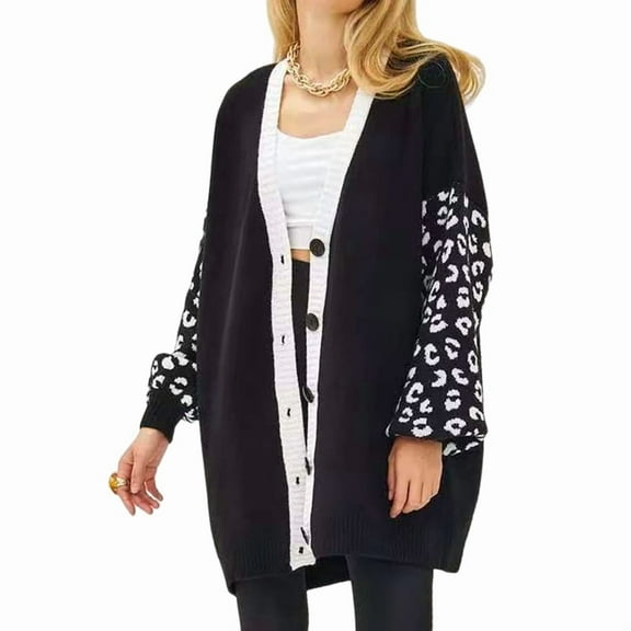 Women'S Long Sleeves Open Front Casual Leopard Print Knitted Sweater Cardigan Coat Outwear Black L
