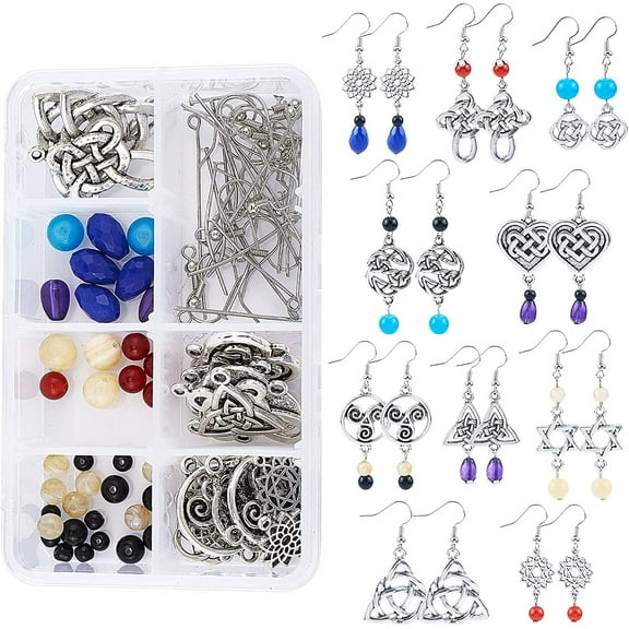 1 Box DIY 10 Pairs Trinity Celtic Knot Earrings Making Kit Flower of Life Connector Charms Acrylic Beads Jewellery Making Craft for Beginners Women Adults Antique Silver