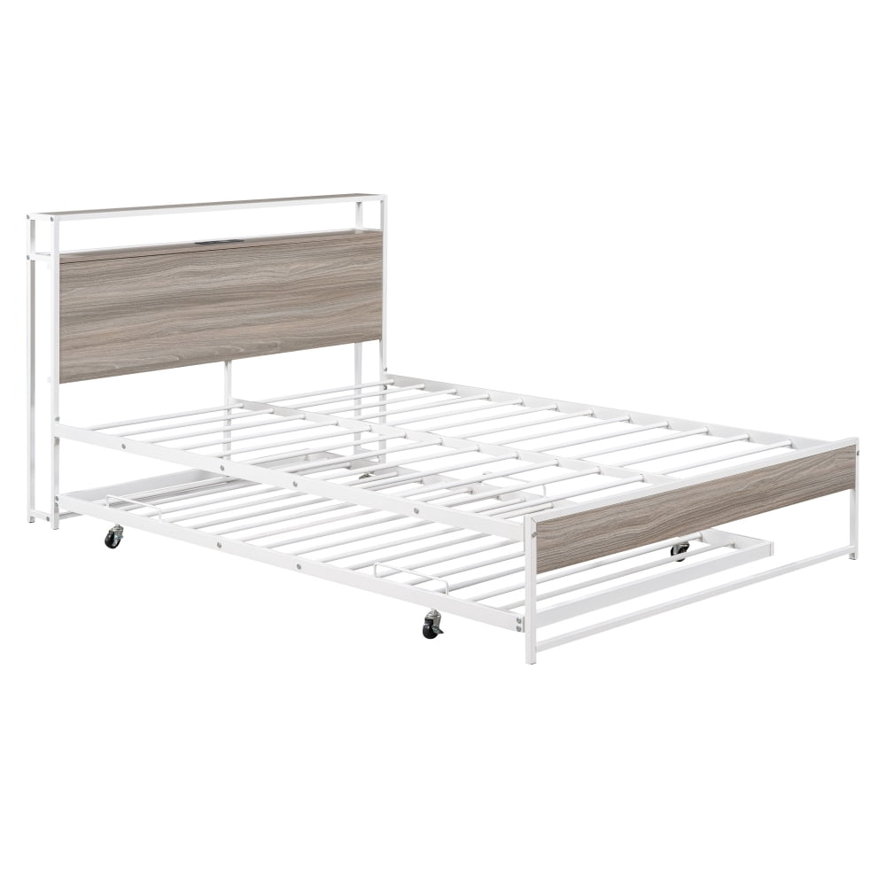 Full Size Platform Bed Frame, Metal Platform Bed with Trundle, USB Ports and Slat Support,  Trundle Bed Frame with Shelf Headboard, No Box Spring Needed, White