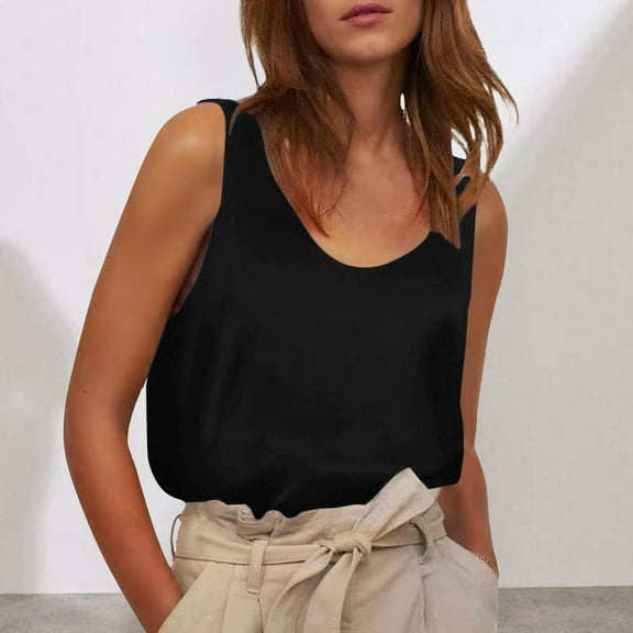 Satin Sleeveless Top, Round Neck Loose Vest, Blended Fabric, Casual Daily Wear, Black L, Size S-XXL