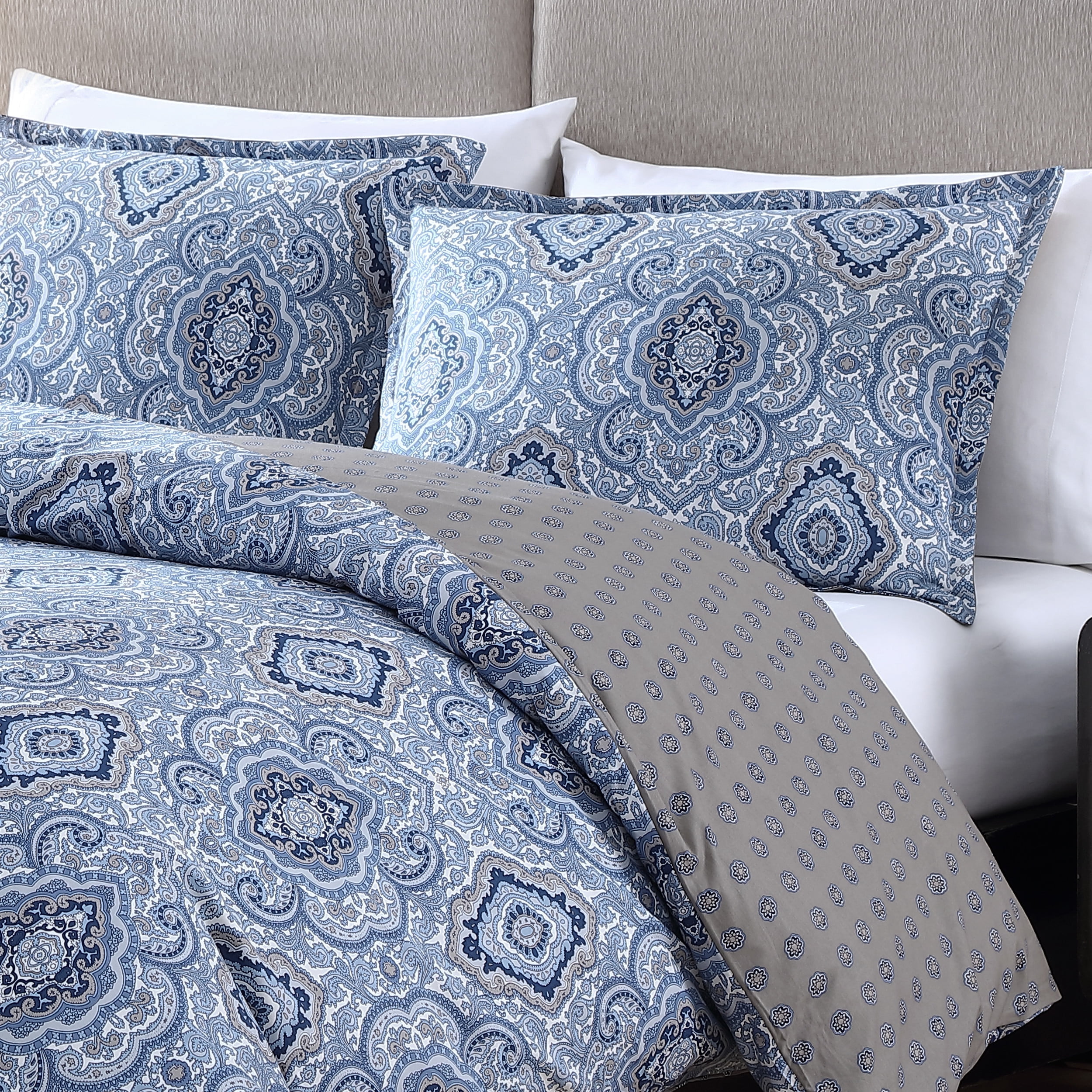 City Scene Milan Cotton Blue 3 Piece Duvet Cover Set-Full/Queen