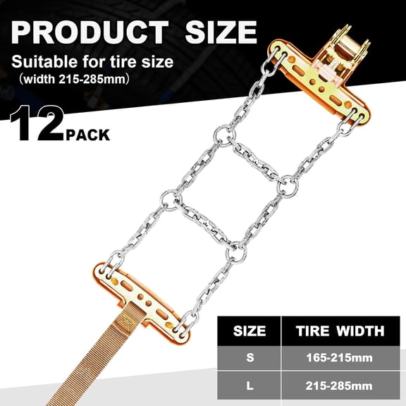 12 Pack Adjustable Snow Tire Chains for Tire Width 215-285 mm SUV Truck Pickup, Quick Fit Easy Installation, Thickened Car Non Skid Car Chains (Double Chain Style)