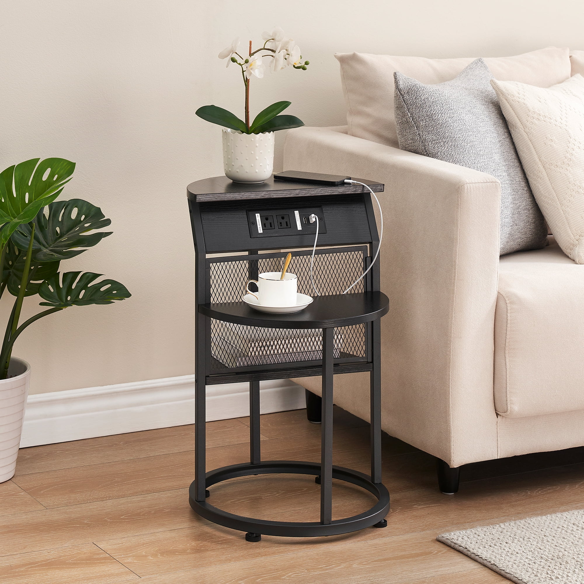 HOMEFAN Round End Table with Charging Station, Black Side Table with