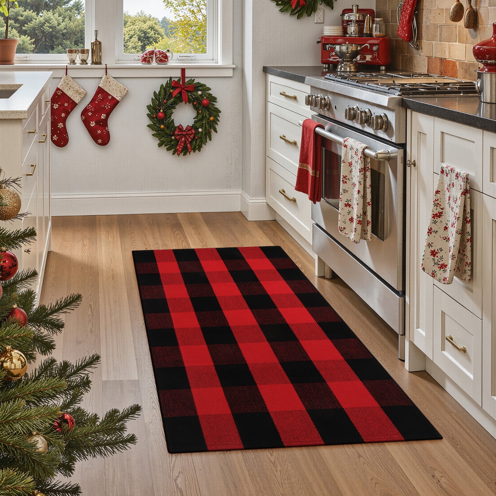 RUG ROBOT Christmas Buffalo Plaid Area Rug 27.5"x43", Washable Door Mat Indoor Outdoor Entrance, Reversible Front Porch Rug, Farmhouse Checkered Layering Rug for Kitchen Home Decor, Red and Black