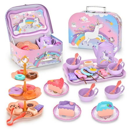 JBeeCtrl Tea Party Set for Little Girls 44Pcs Unicorn Kids Tea Set for Girls Tea Party Kitchen Pretend Play Toys for 3 4 5 Years Old Girls Toddlers Christmas Birthday Gift