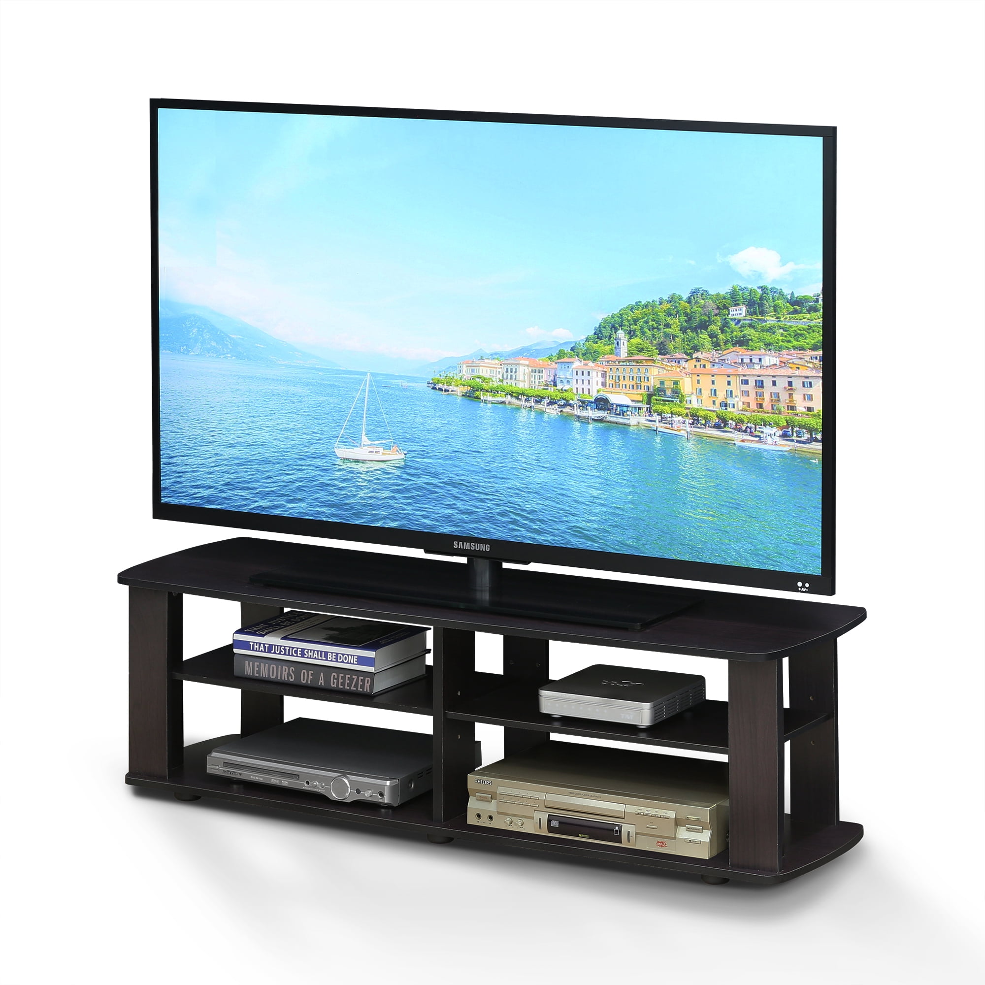 Furinno Turn-N-Tube Toolless Assembly Black TV Stand for TV up to 50 Inch, 3-Tier Entertainment Center, Open Back TV Console with Cable Management, for Living Room, Bedroom, Dark Mocha