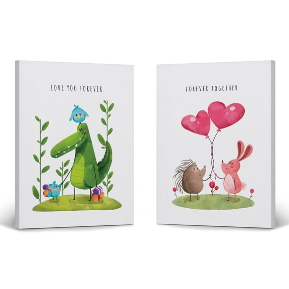 Smile Art Design Cute Animals and Lovely Quotes White Background 2 PANEL Canvas Wall Art Print SET Kids Room Decor Baby Boy and Girl Room Decor - Made in the USA (40x30)x2
