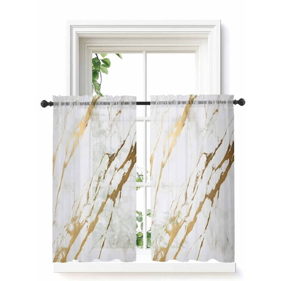 White Gold Modern Curtains 45 Inch Length, Sheer Curtains for Bedroom Living Room Window Abstract Vintage Marble Geometric Rod Pocket Voile Drapes Kitchen Curtains Small Half Window 42"x45" 2 Panels