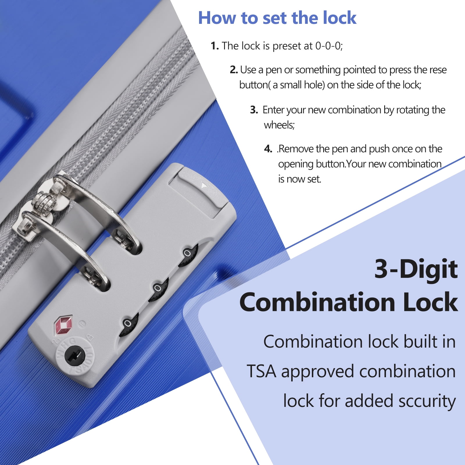 Luggage Sets 3 Piece Lightweight Hardside Rugged Travel Suitcase with Wheels, 22” x 14” x 9” Airline Approved, TSA Lock, Dazzling Blue