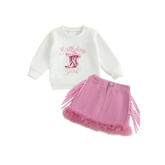 BemeyourBBs Toddler Baby Girls Birthday Outfits Cowgirl Birthday Clothes Letter Boots Long Sleeve Sweatshirt Tops and Tassel Trim A Line Skirt 2 Pcs Set Spring Fall Clothes