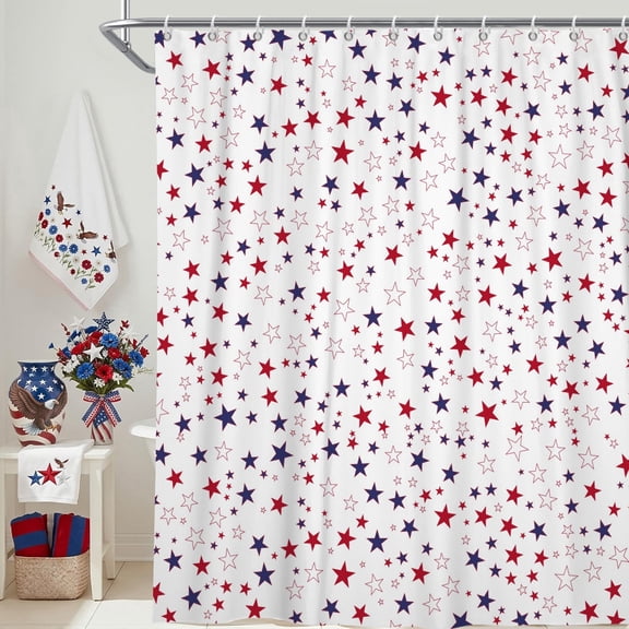 MIZHONA 4th of July Star Shower Curtain Patriotic America 250th Bathroom Curtain Decor with Hooks 72"W x 72"L