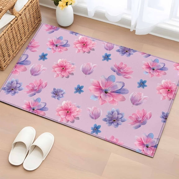 Spring Floral Entryway Rug 2'x3' Non Slip Front Door Mats, Summer Botanical Purple Pink Flower Entrance Rugs Indoor Outdoor Carpet, Washable Floor Mats Small Area Rug for Bedroom Kitchen