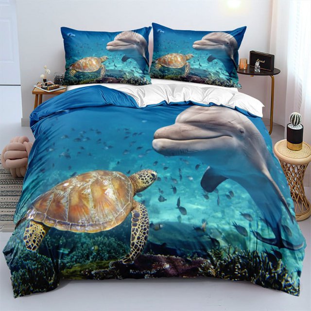 Sea Turtle Bedding Set Reptile Tortoise Dolphin Octopus Duvet Cover Set Ocean Beach Theme Comforter Cover Sea Animal Pillowcases