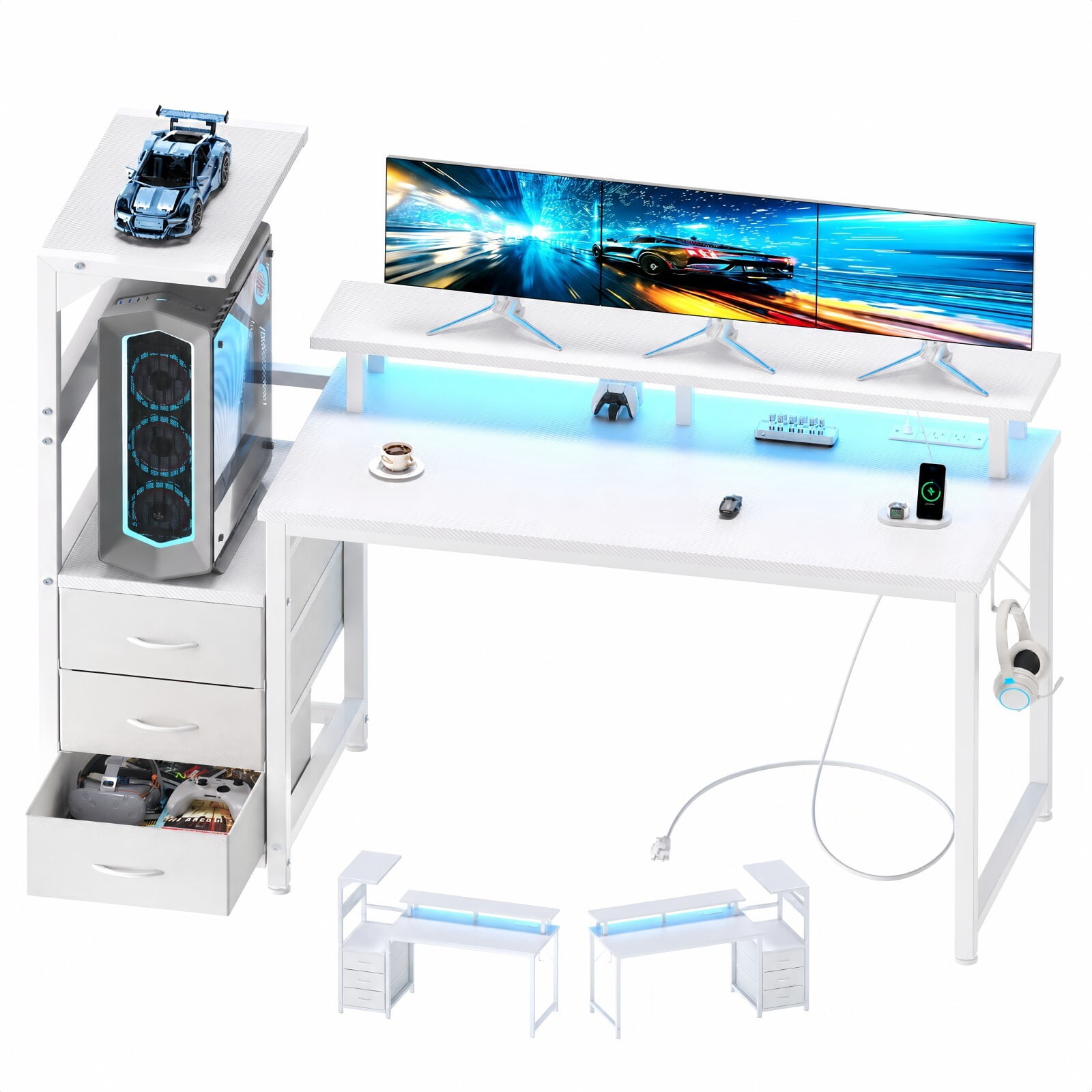 Kelno 59 Inch Computer Gaming Desk with USB Ports LED Lights Home Office Table with Monitor Stand Drawers, White