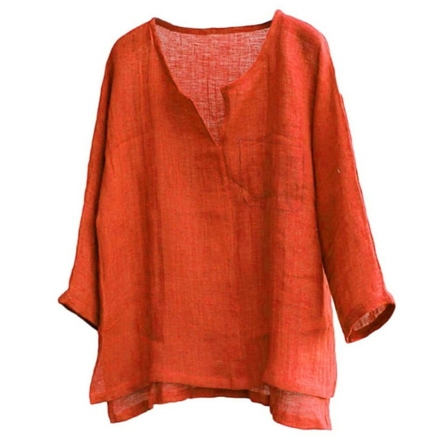 playeras cuello en v para hombre, camiseta transpirable para hombre, cómoda, de color sólido, de manga larga, holgada, informal, con cuello en v naranja WILLBEST. Vista frontal centrada de una playera holgada de manga larga con cuello en V poco profundo, silueta suelta y dobladillo ligeramente más largo atrás; tela tejida de textura visible y bolsillo pequeño aparente en el pecho sobre fondo blanco. Adecuada como capa ligera para uso casual.