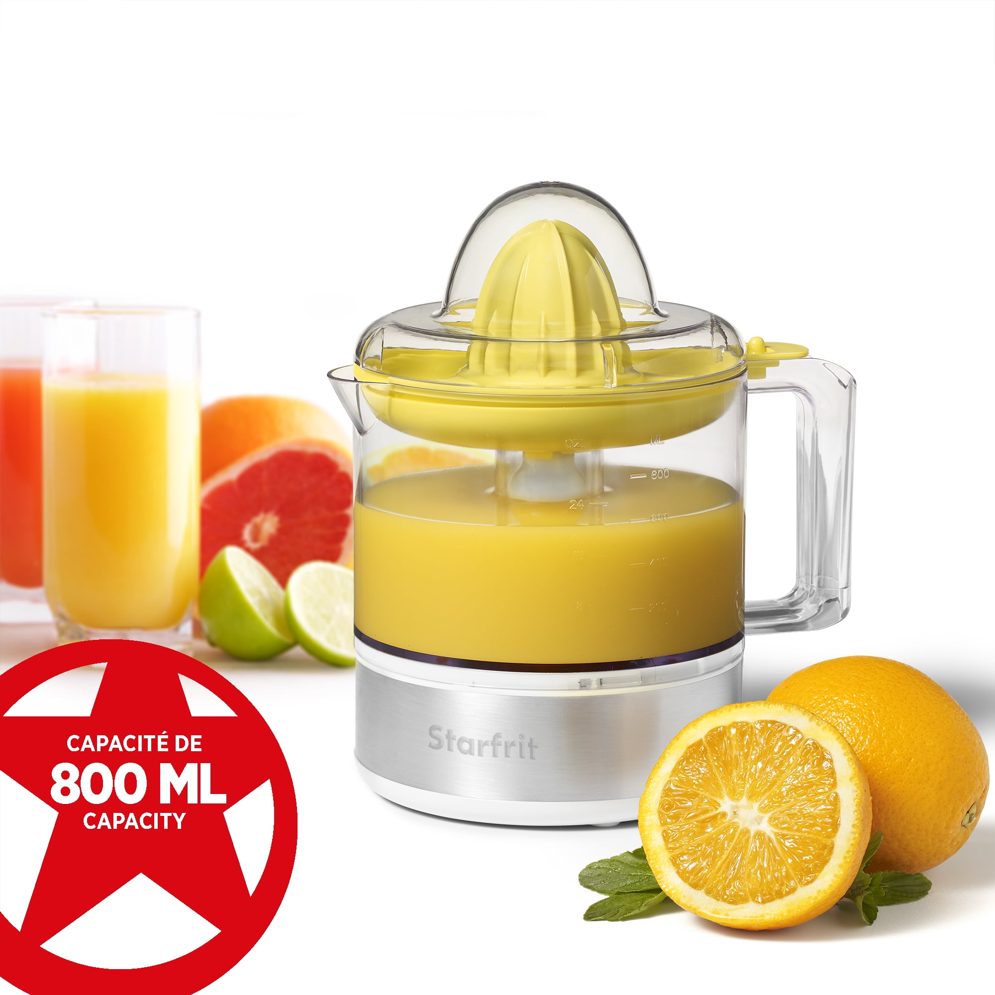 Starfrit Presse-Agrumes Électrique, 800 ml, 2 Tailles de Cônes de Jus, Rotation Automatique, 30 Watts Obtenez un jus frais rapidement avec le presse-agrumes électrique Starfrit. Activation par pression et inversion automatique pour une extraction maximale. Deux cônes pour tous agrumes, pichet anti-gouttes, filtre ajustable. Sans BPA, compact, pièces lavables au lave-vaisselle.