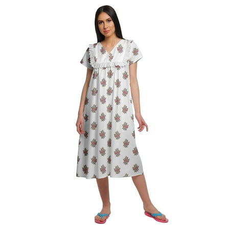 

Moomaya Cotton Lace Neckline Sleepwear For Ladies V-Neck Printed Nightdress