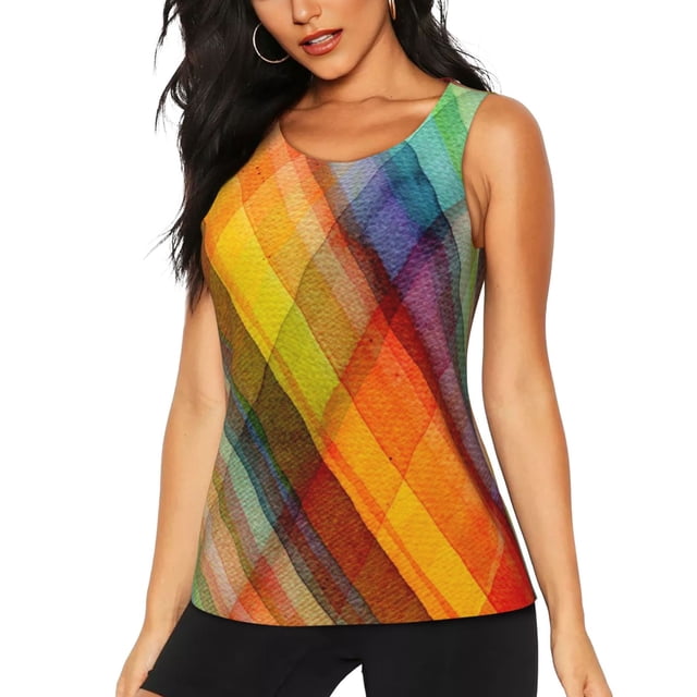 Fotbe Abstract Watercolors Tartan Blusas Sin Mangas para Mujer – Estilo Casual, Corte Suelto, Slim-Fit, Cuello Redondo Deportivo, Tops de Verano para Gimnasio y Yoga-XX-Large