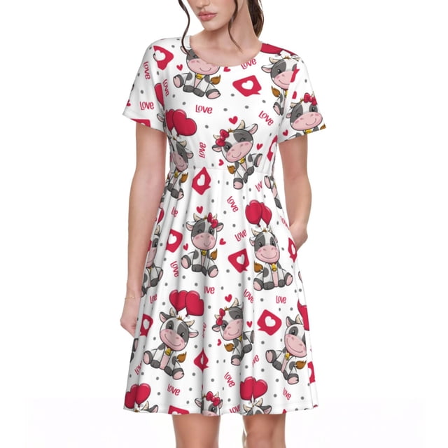 Bixox Robe d'Été à Manches Courtes pour Femmes Robe Ample Longueur Genou avec Poches-Caring Vache