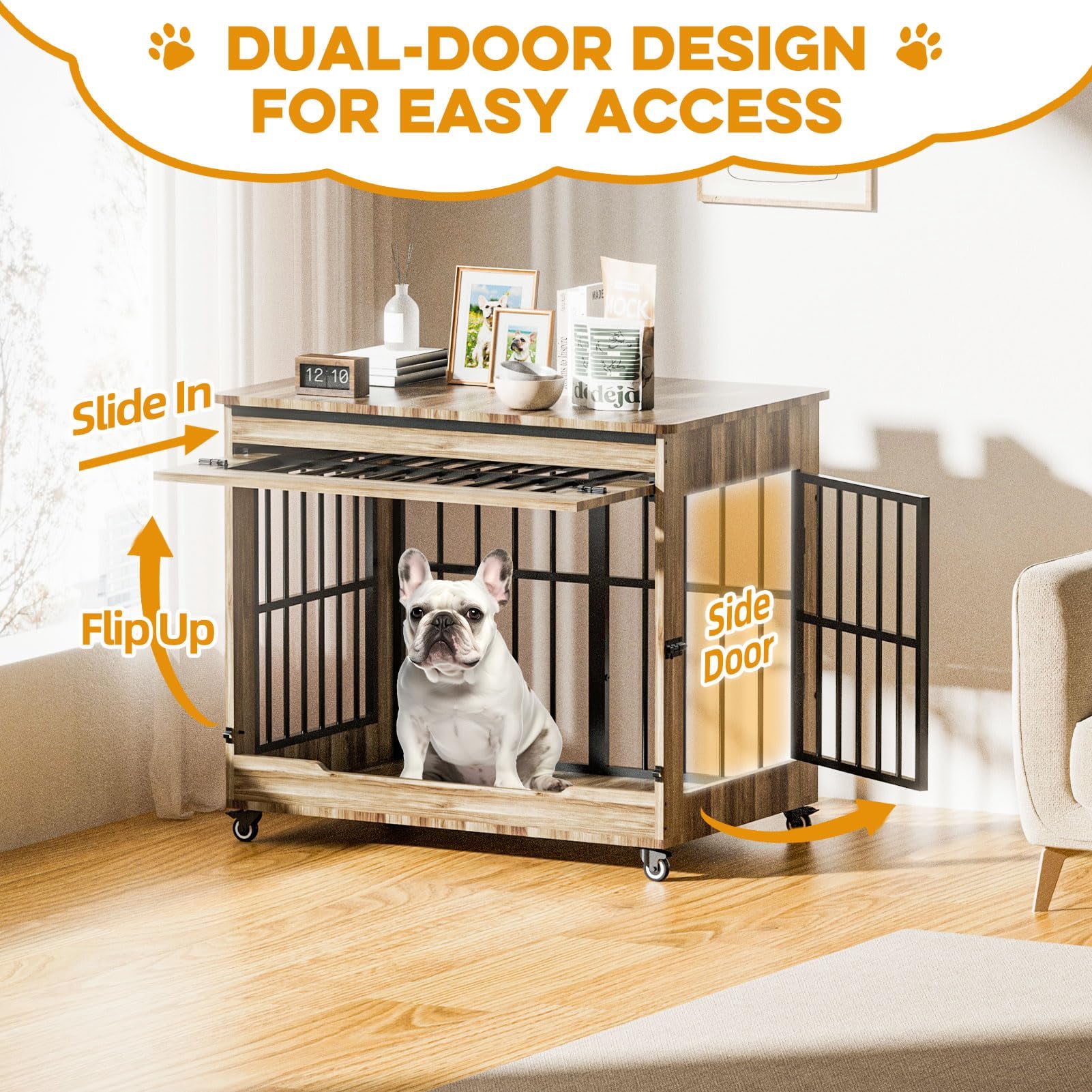 38" Dog Crate Furniture, Double Door Pet Cage End Table with Wheels for Medium and Large Breed Dogs