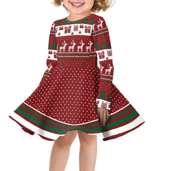 FKELYI Size 7-8 Years Long Sleeve Dresses Novelty Cute Reindeer Round Neck Pleat Dress Comfortable Girls Swing Dress Long Sleeve,Christmas Gift
