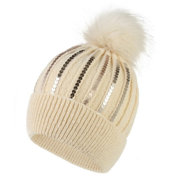 KDDYLITQ Women's Fall And Winter Warm Sequined Pom-pom Wool Hat, Fashionable And Versatile Cold Hat Beige One Size