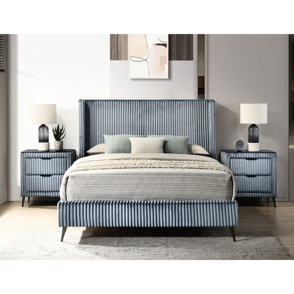 Queen Size Blue Corduroy Bedroom Arrangement With 2 Spacious Night Tables Nightstands In Corduroy: & Elegant