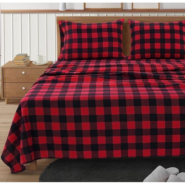 Juego de sábanas de franela LANE LINEN, 100% algodón, tamaño queen, rojo